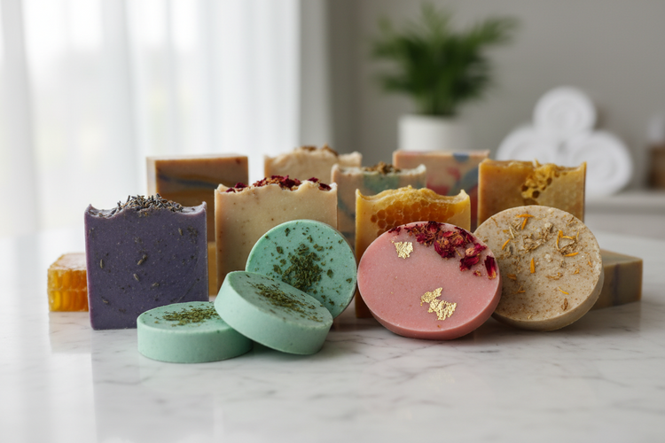 Soap Collection: colorful bars and round discs arranged on a marble surface.