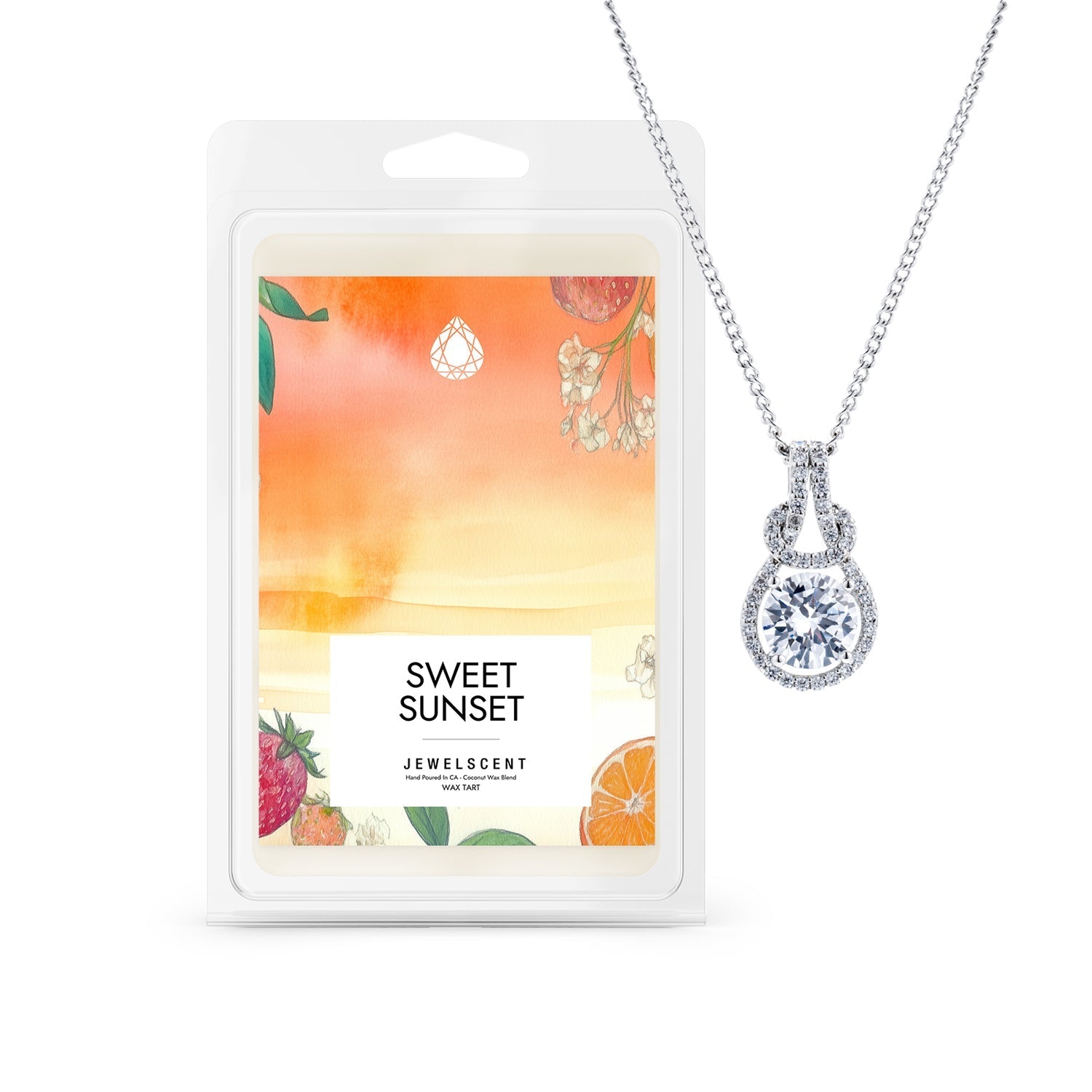 Premium Wax Melts packaging labeled Sweet Sunset beside a diamond pendant necklace.