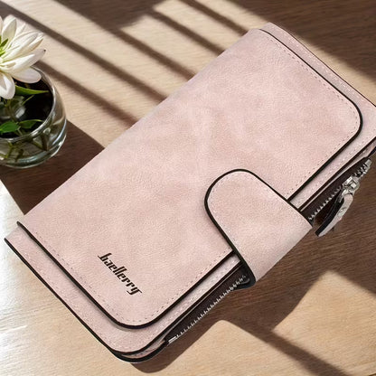 Vintage Faux Leather Long Wallet – Trifold Credit Card Holder with Snap & Zipper