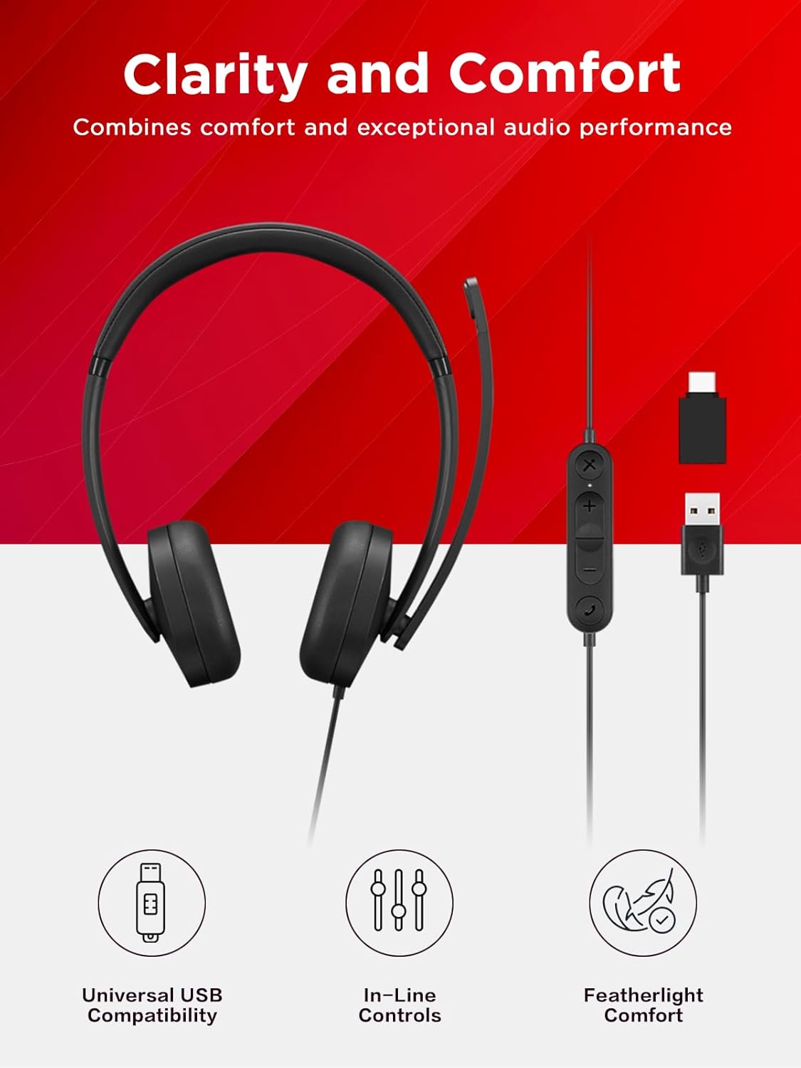 Lenovo 115 USB-A/USB-C Wired Stereo Headset – Lightweight, Noise-Cancelling, in-Line Control Box, USB-A to USB-C Adapter, Over-Ear Design, Headset with Mic for PC and Laptop, Black - Deeunta Domain