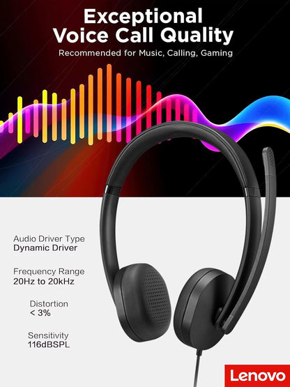 Lenovo 115 USB-A/USB-C Wired Stereo Headset – Lightweight, Noise-Cancelling, in-Line Control Box, USB-A to USB-C Adapter, Over-Ear Design, Headset with Mic for PC and Laptop, Black - Deeunta Domain