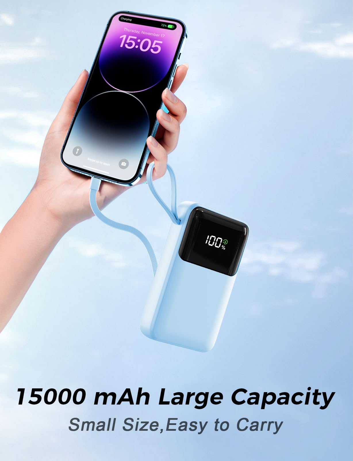Power Bank, 15000mAh Portable Charger with Built in Cable, 22.5W Fast Charging, 6 Outputs, Slim Travel Essential Battery Pack with LED Display, Compatible with iPhone 17/16/15/14/13, iPad Black - Deeunta Domain
