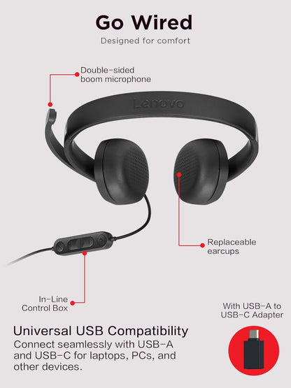 Lenovo 115 USB-A/USB-C Wired Stereo Headset – Lightweight, Noise-Cancelling, in-Line Control Box, USB-A to USB-C Adapter, Over-Ear Design, Headset with Mic for PC and Laptop, Black - Deeunta Domain