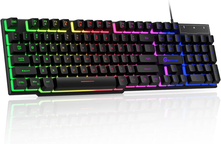 GEODMAER 104 Keys Gaming Keyboard, Full Size LED Backlit Wired Keyboard with Multimedia Keys, Anti-Ghosting, Spill-Resistant Membrane Gaming Keyboard for PC Laptop - Deeunta Domain