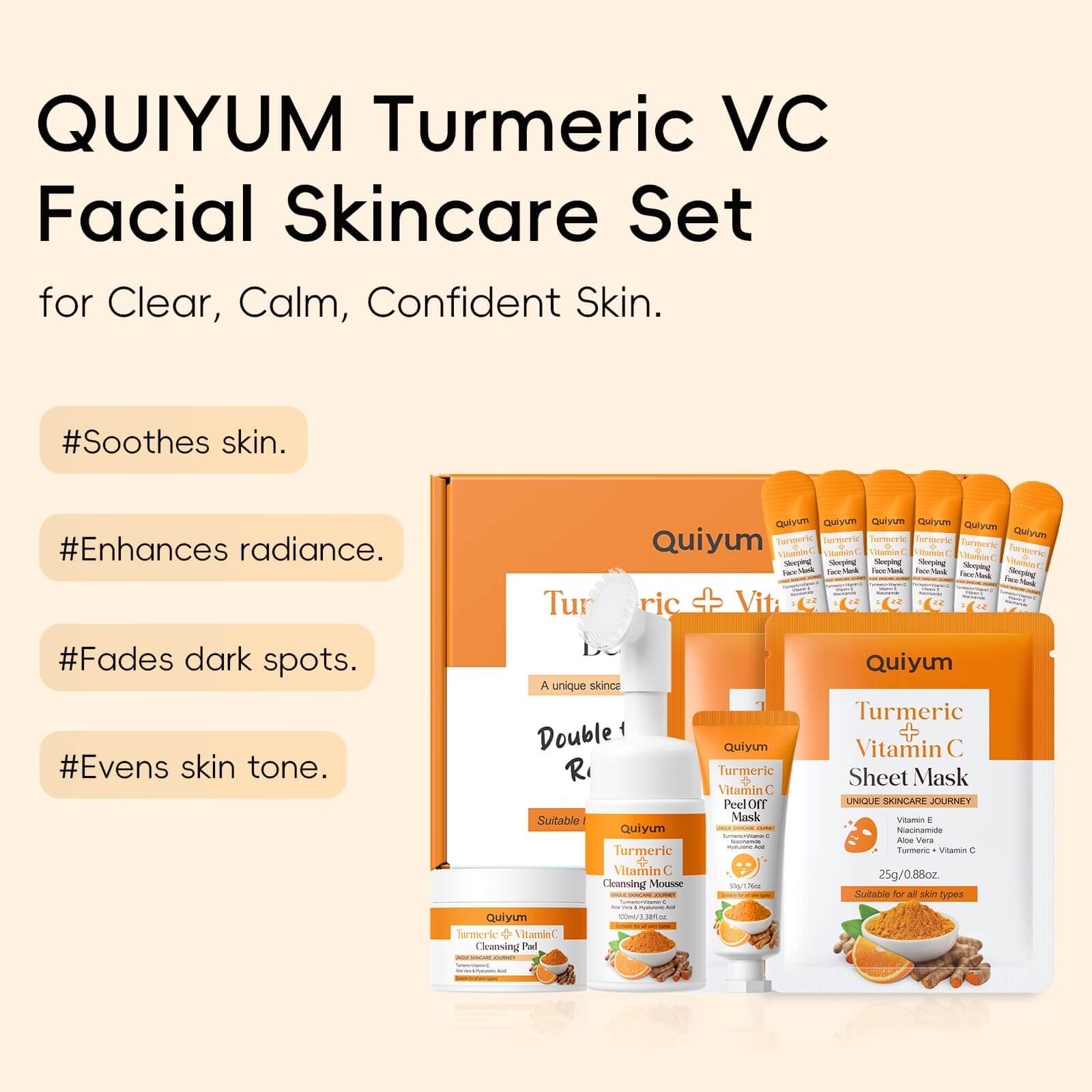 QUIYUM Skin Care Set, Turmeric Vitamin C Skincare 7PCS - Facial Skin Care Routine Kit for Women, Dark Spot Remover for Face, Reduce Acne, Oil Control, Deep Clean, Birthday Mother's Day Gifts Sets - Deeunta Domain