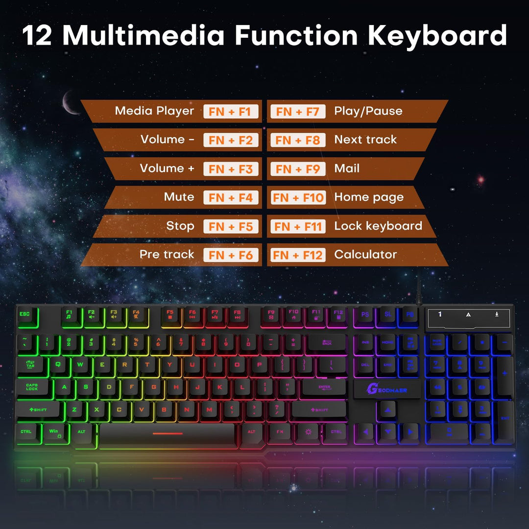 GEODMAER 104 Keys Gaming Keyboard, Full Size LED Backlit Wired Keyboard with Multimedia Keys, Anti-Ghosting, Spill-Resistant Membrane Gaming Keyboard for PC Laptop - Deeunta Domain