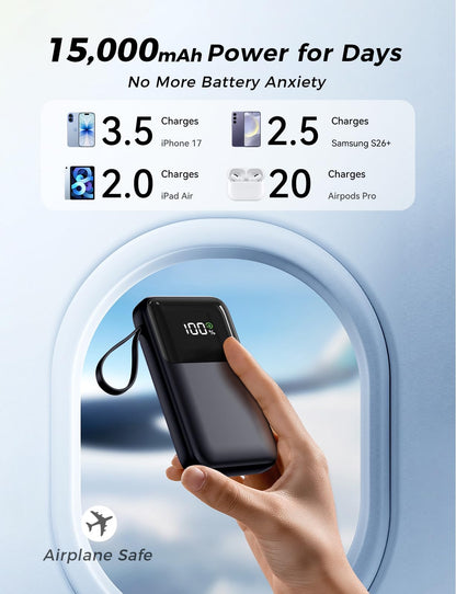 Power Bank, 15000mAh Portable Charger with Built in Cable, 22.5W Fast Charging, 6 Outputs, Slim Travel Essential Battery Pack with LED Display, Compatible with iPhone 17/16/15/14/13, iPad Black - Deeunta Domain