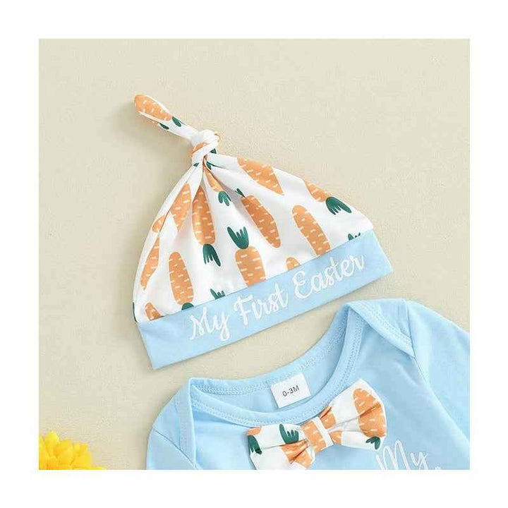 3pcs Set Baby Costume Set, Long Sleeved Letter Rabbit Print Jumpsuit, Carrot Print Suspender Pants, Hat Set by Creativegiftsdirect