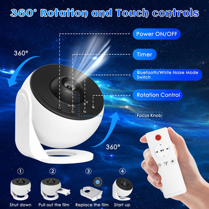 Galaxy Projector for Bedroom Pro Version, HD 12 in 1 Film Discs Star Projector Galaxy Light, Planetarium Projector with Timer, White Noise, 360 ° Rotation, Bluetooth, Remote Control - Deeunta Domain