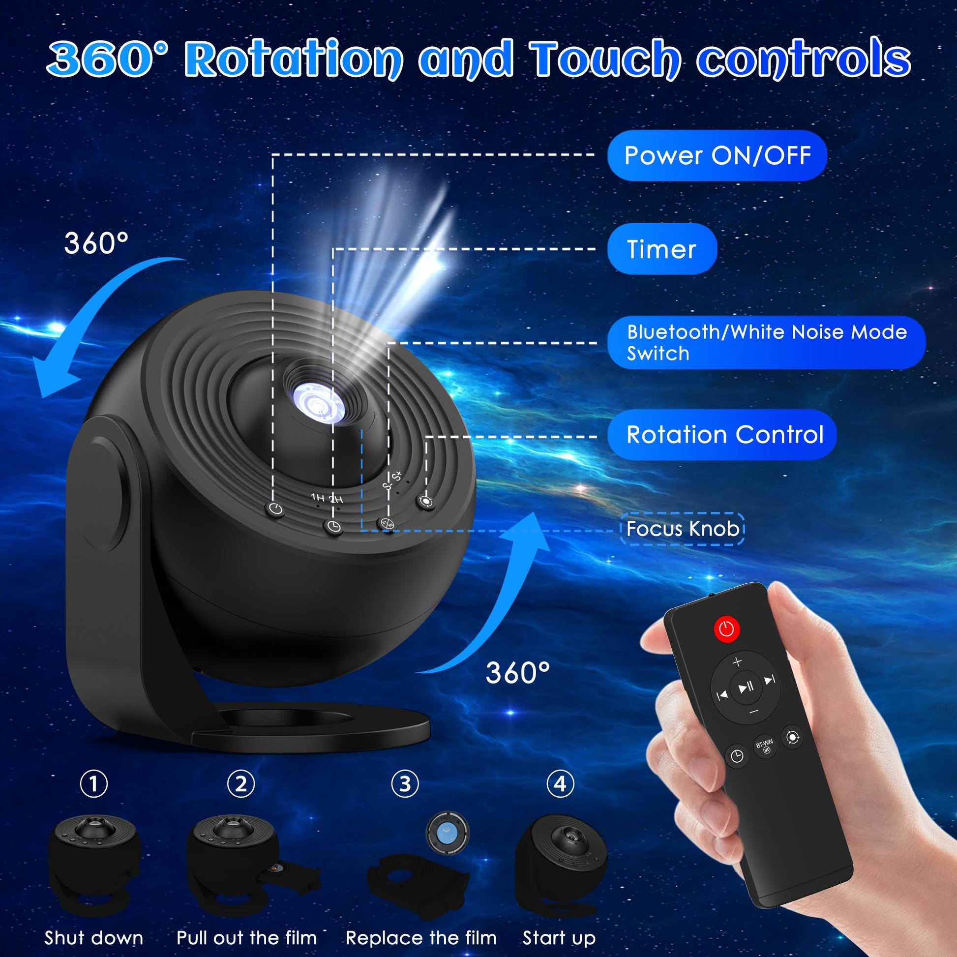 Galaxy Projector for Bedroom Pro Version, HD 12 in 1 Film Discs Star Projector Galaxy Light, Planetarium Projector with Timer, White Noise, 360 ° Rotation, Bluetooth, Remote Control - Deeunta Domain