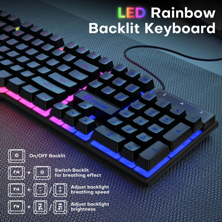 GEODMAER 104 Keys Gaming Keyboard, Full Size LED Backlit Wired Keyboard with Multimedia Keys, Anti-Ghosting, Spill-Resistant Membrane Gaming Keyboard for PC Laptop - Deeunta Domain