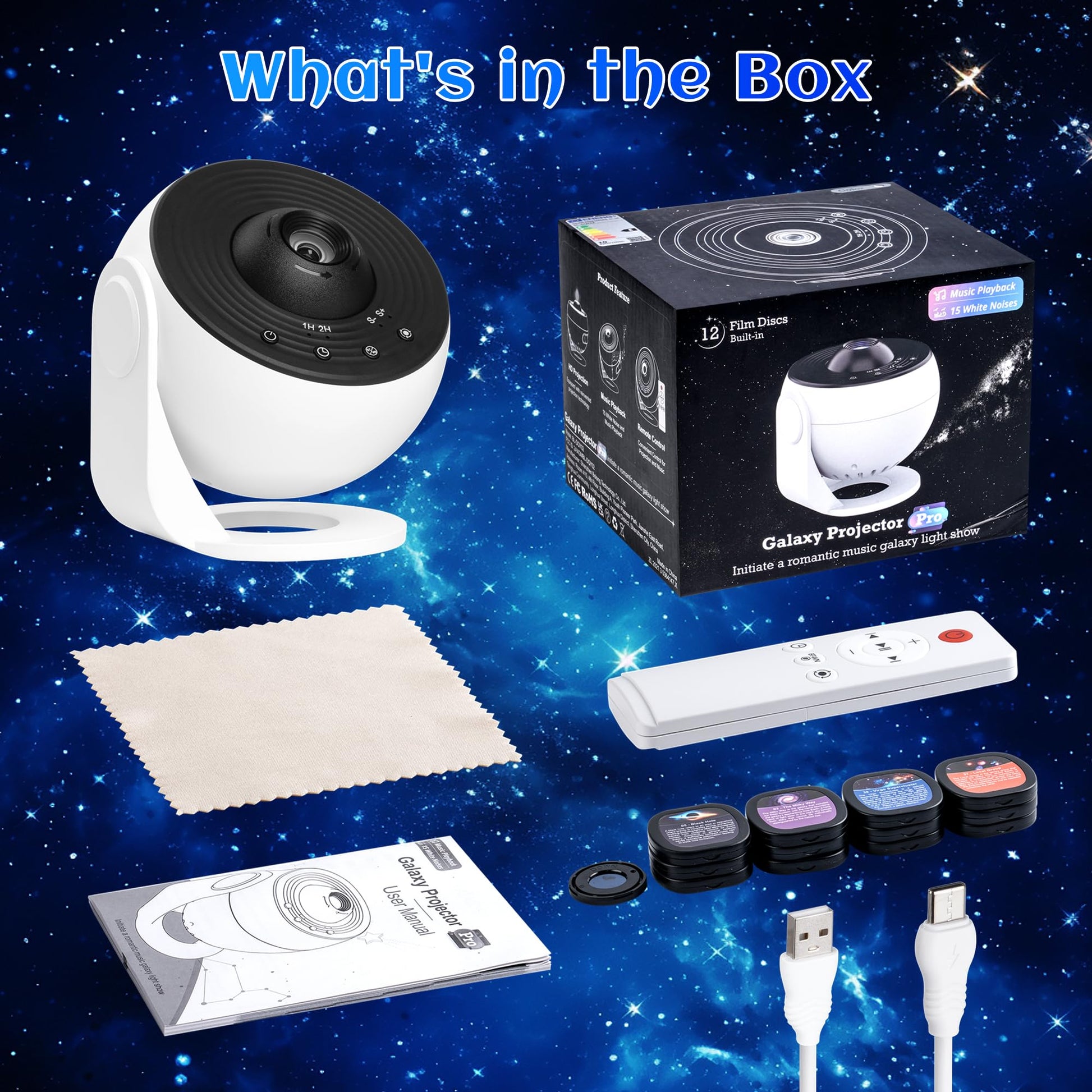 Galaxy Projector for Bedroom Pro Version, HD 12 in 1 Film Discs Star Projector Galaxy Light, Planetarium Projector with Timer, White Noise, 360 ° Rotation, Bluetooth, Remote Control - Deeunta Domain