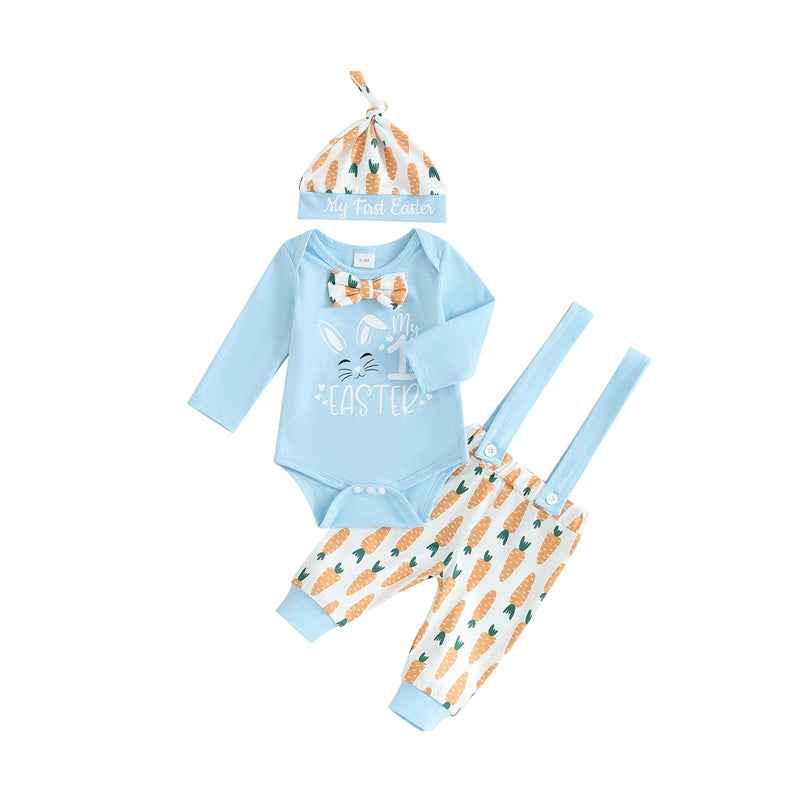 3pcs Set Baby Costume Set, Long Sleeved Letter Rabbit Print Jumpsuit, Carrot Print Suspender Pants, Hat Set by Creativegiftsdirect
