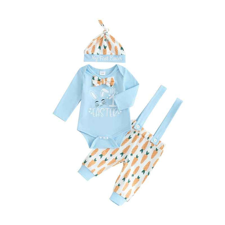 3pcs Set Baby Costume Set, Long Sleeved Letter Rabbit Print Jumpsuit, Carrot Print Suspender Pants, Hat Set by Creativegiftsdirect