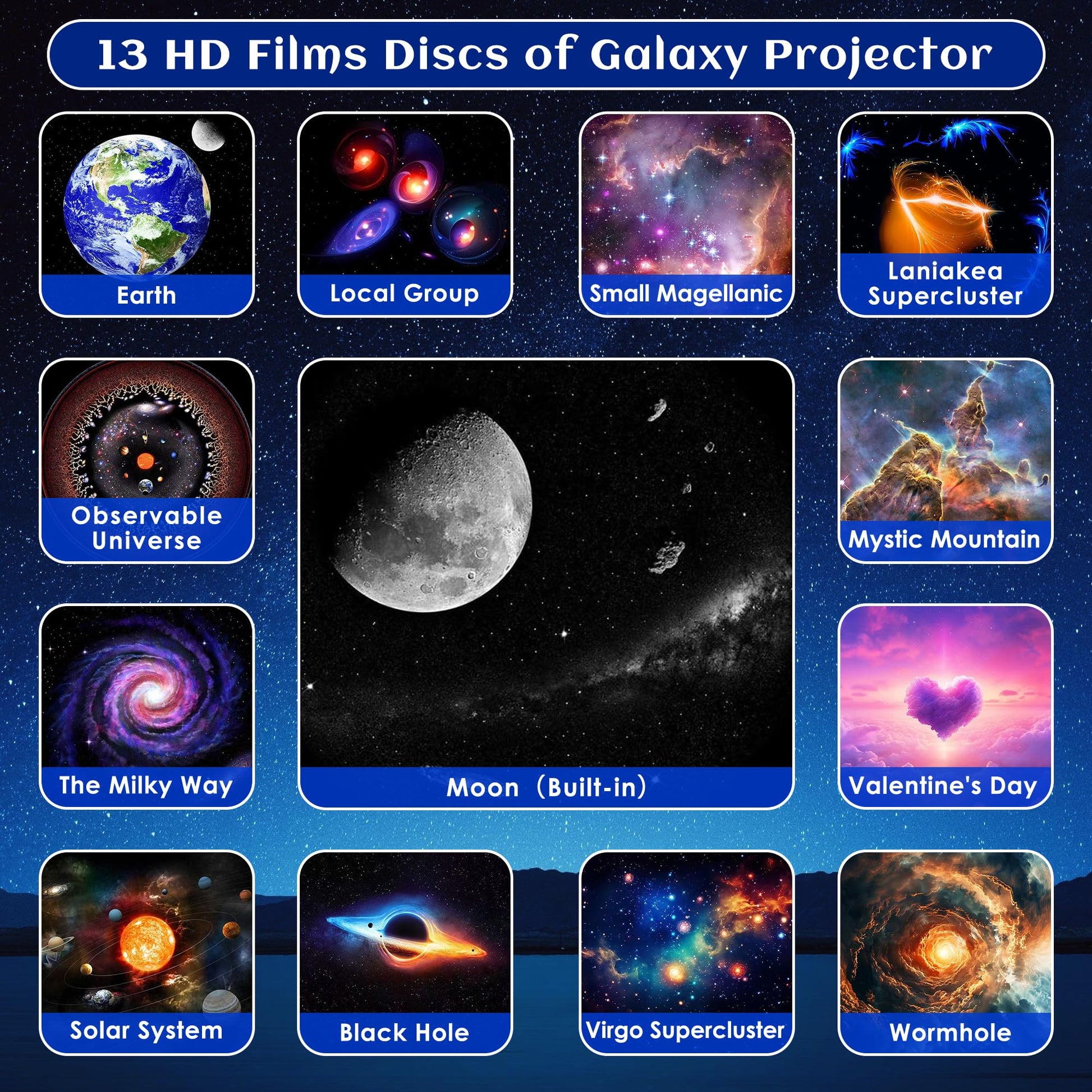 Galaxy Projector for Bedroom Pro Version, HD 12 in 1 Film Discs Star Projector Galaxy Light, Planetarium Projector with Timer, White Noise, 360 ° Rotation, Bluetooth, Remote Control - Deeunta Domain