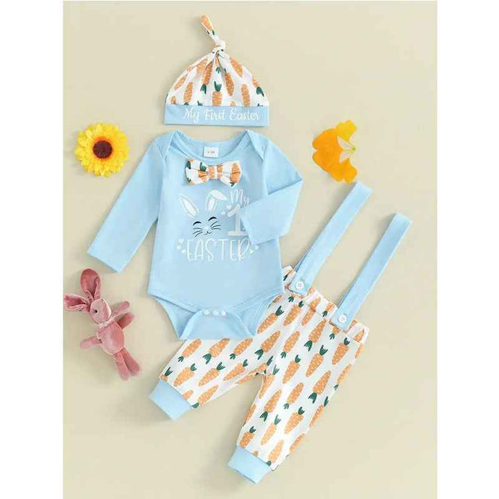 3pcs Set Baby Costume Set, Long Sleeved Letter Rabbit Print Jumpsuit, Carrot Print Suspender Pants, Hat Set by Creativegiftsdirect