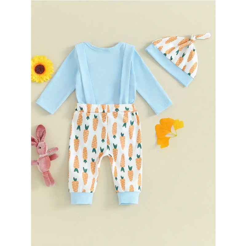 3pcs Set Baby Costume Set, Long Sleeved Letter Rabbit Print Jumpsuit, Carrot Print Suspender Pants, Hat Set by Creativegiftsdirect