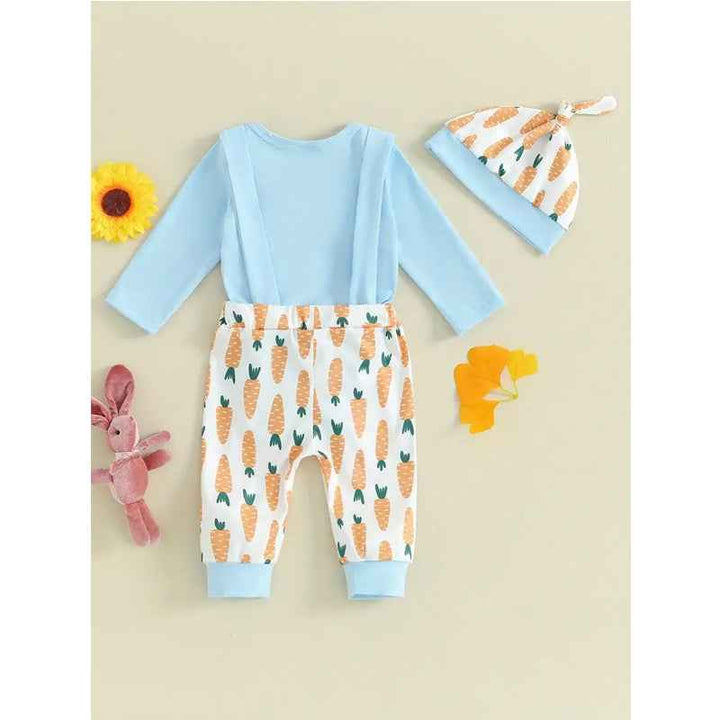 3pcs Set Baby Costume Set, Long Sleeved Letter Rabbit Print Jumpsuit, Carrot Print Suspender Pants, Hat Set by Creativegiftsdirect
